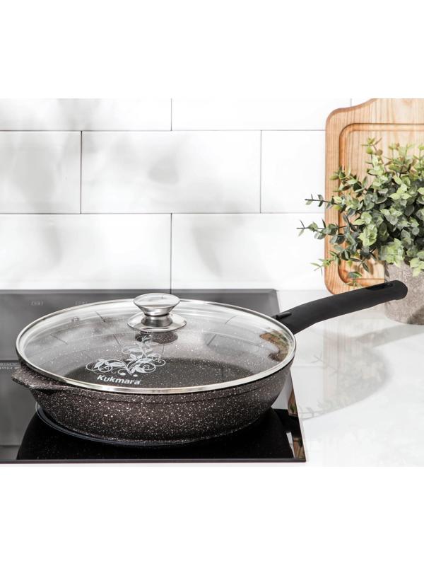 Сковорода, d=26 см, съёмная ручка, стеклянная крышка, антипригарное покрытие, цвет кофейный мрамор