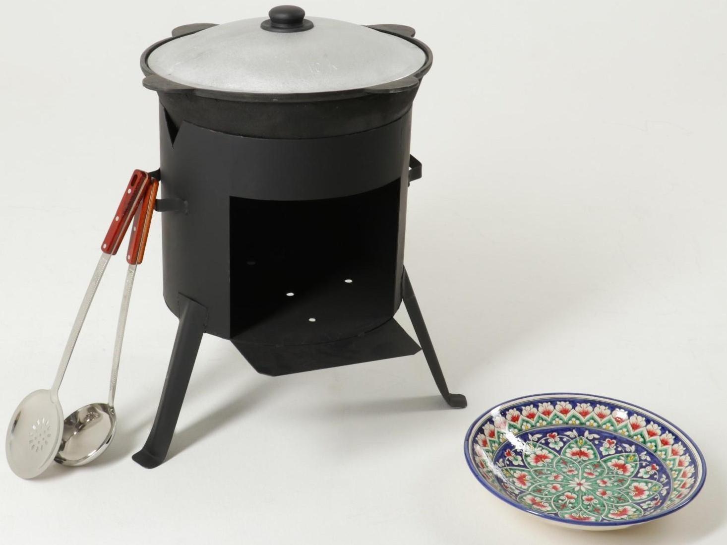 Набор для плова: казан 12л, печь под казан, шумовка 47см, поварешка 47см, ляган 33см