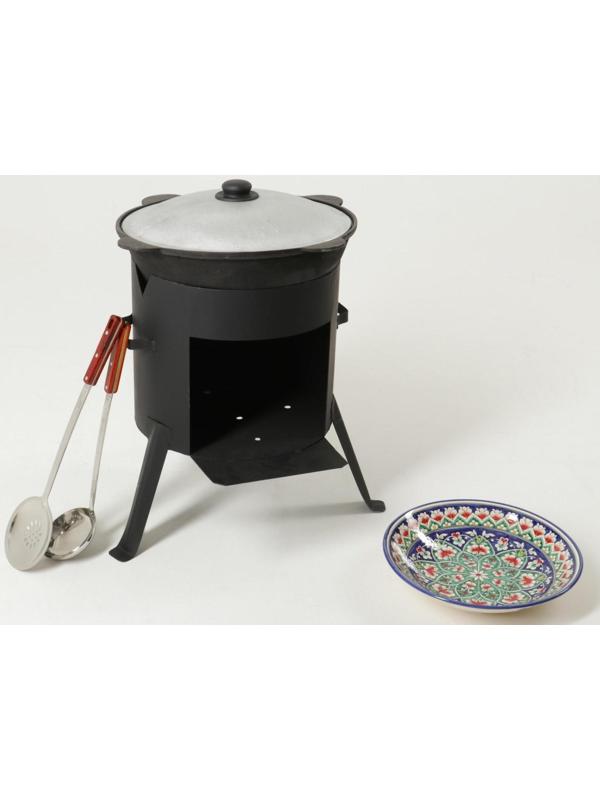 Набор для плова: казан 12л, печь под казан, шумовка 47см, поварешка 47см, ляган 33см