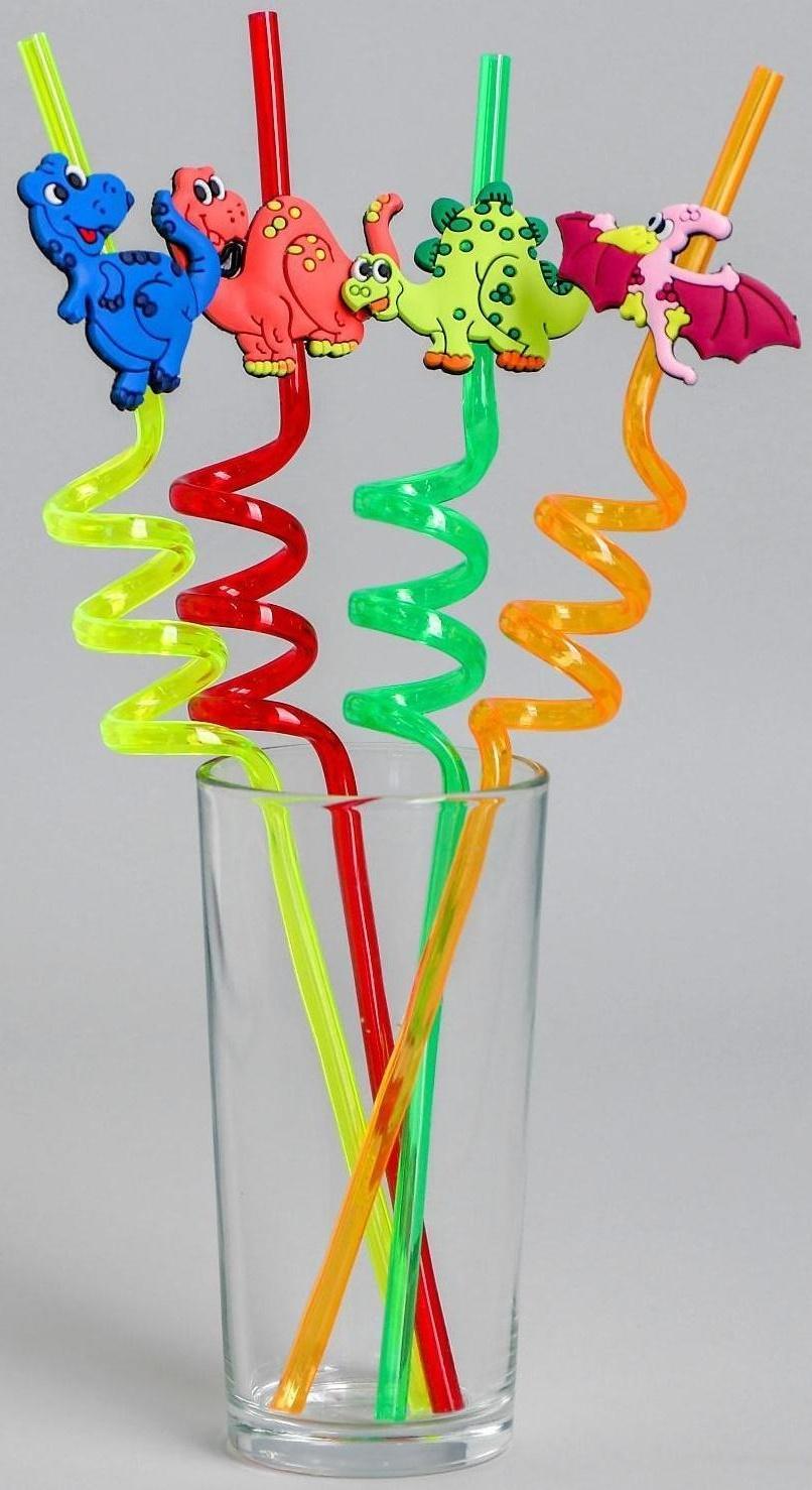 Трубочка из пластика «Динозавр», набор 4 шт., МИКС