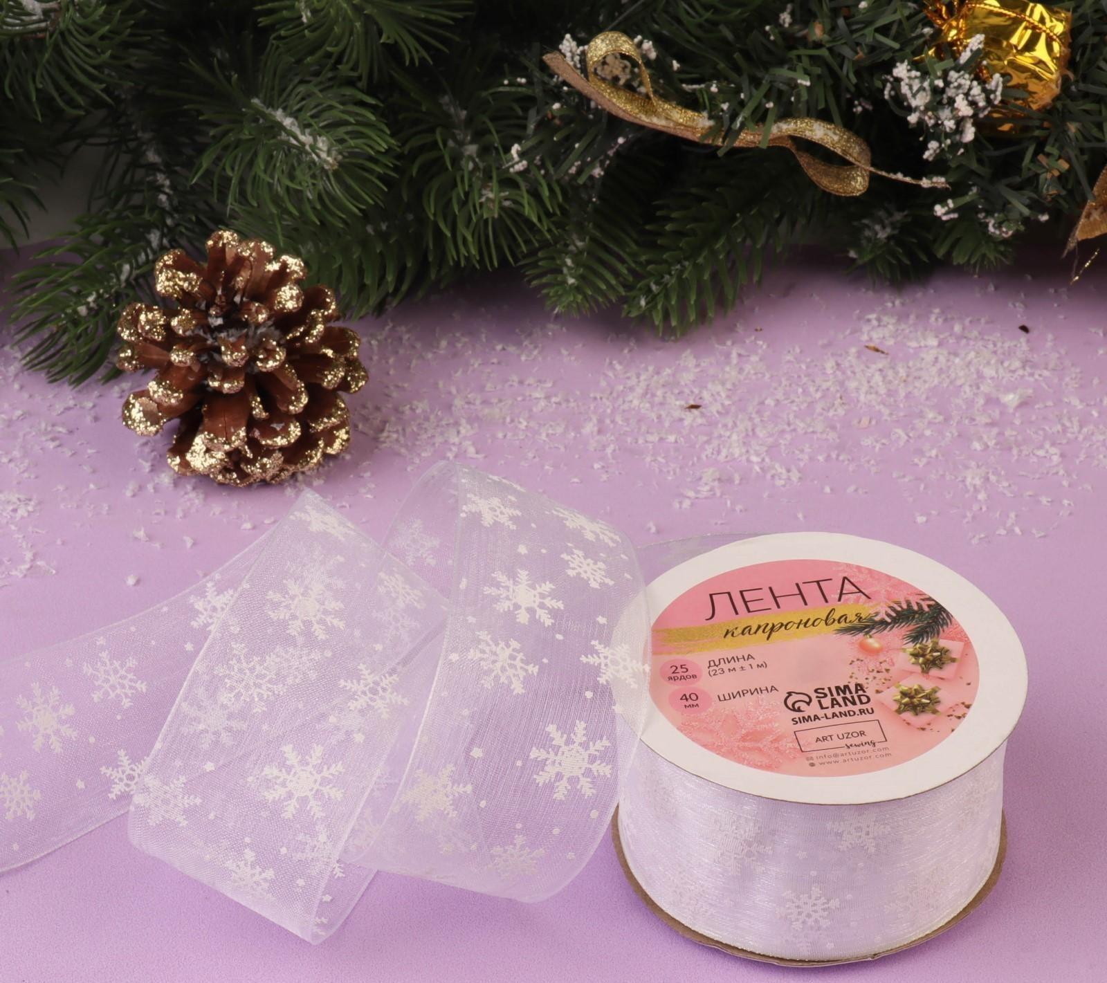 Лента капроновая «Снежинки», 40 мм × 23 ± 1 м, цвет серебряный/белый