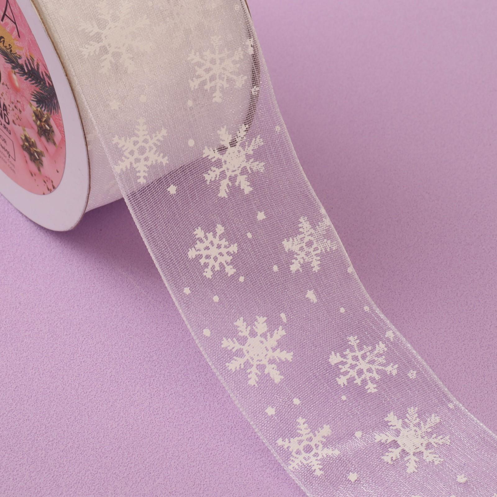 Лента капроновая «Снежинки», 40 мм × 23 ± 1 м, цвет серебряный/белый