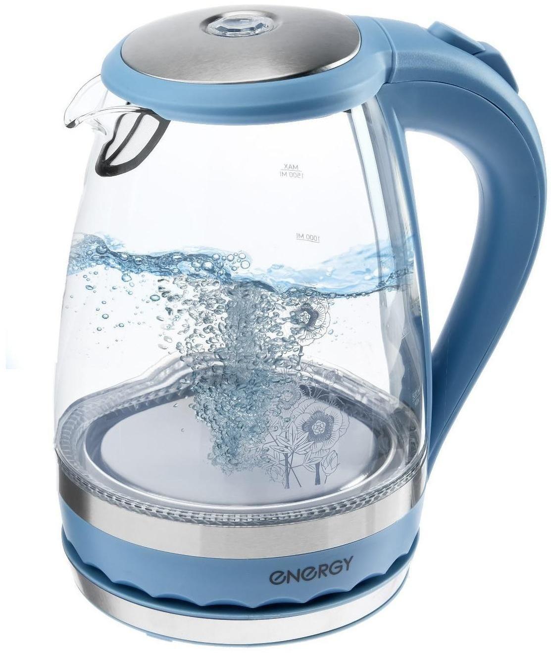 Чайник электрический ENERGY E-279, стекло, 1.5 л, 2200 Вт, голубой