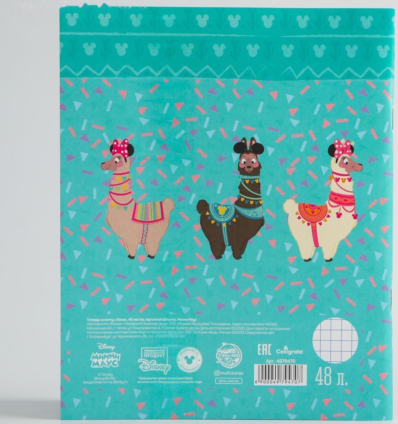 Тетрадь 48 листов в клетку, картонная обложка «Минни Маус. Лама» / 1 шт.