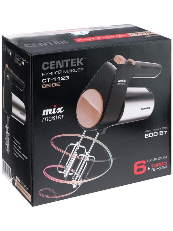 Миксер Centek CT-1123 Beige, ручной, 800 Вт, 6 скоростей, турбо-режим, чёрно-бежевый