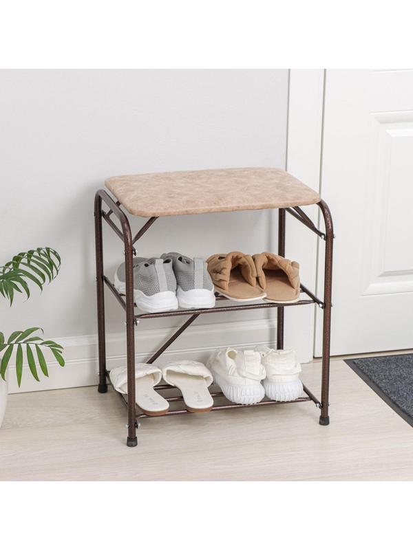 Подставка для обуви с сиденьем, 3 яруса, 45×32×48,5 см, замша, цвет медный антик