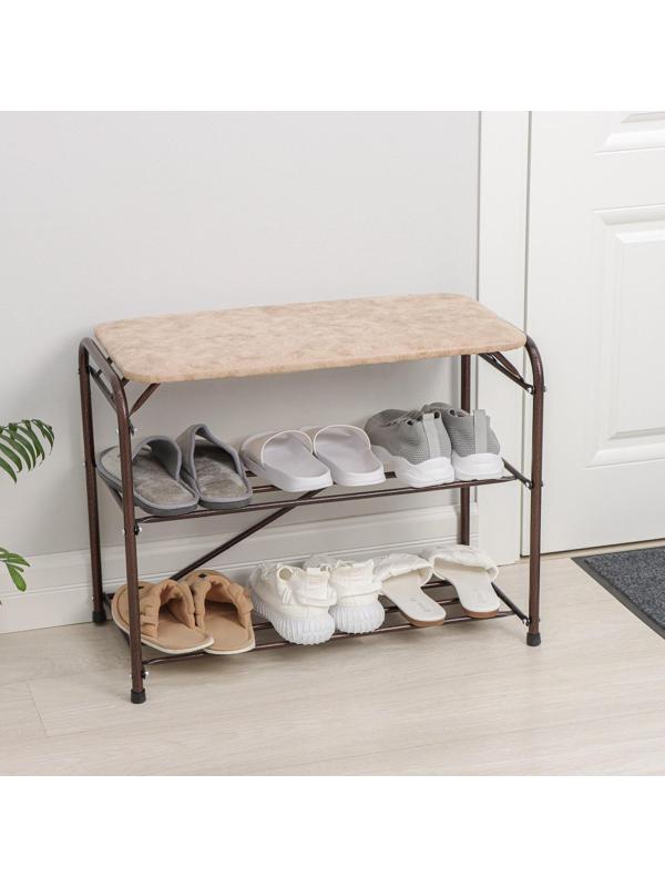 Подставка для обуви с сиденьем, 3 яруса, 65×32×48,5 см, замша, цвет медный антик