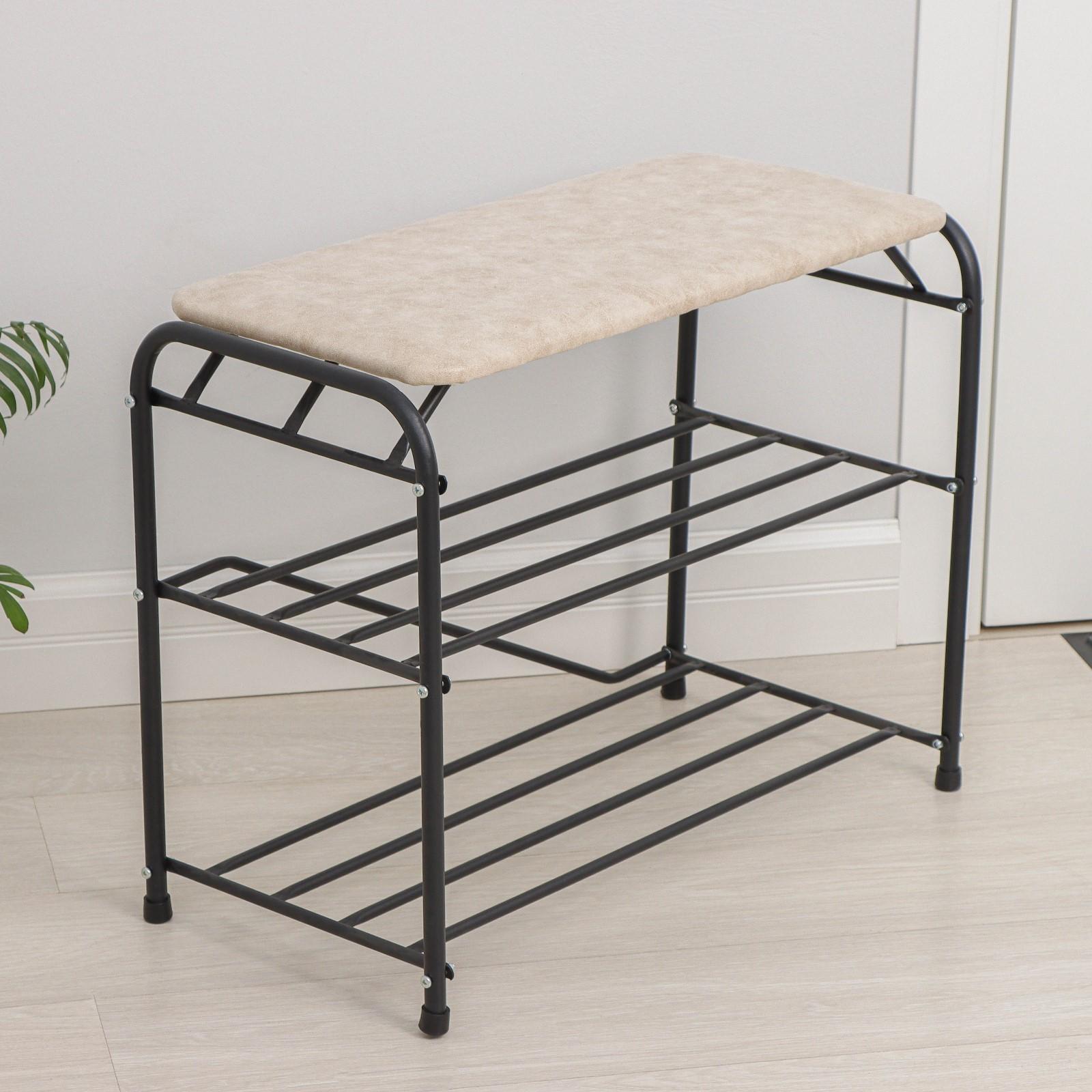 Подставка для обуви с сиденьем, 3 яруса, 65×32×48,5 см, замша, цвет чёрный