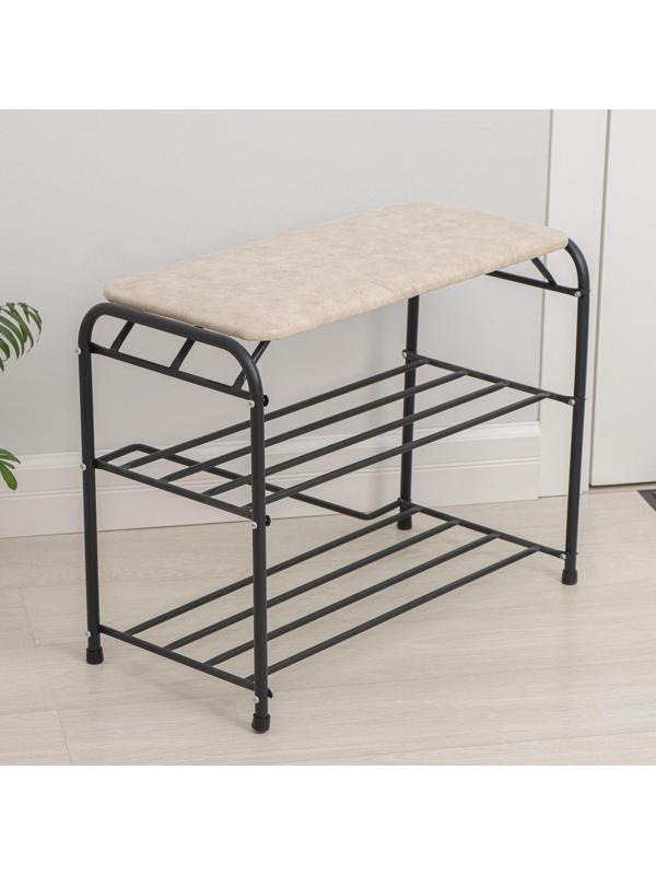 Подставка для обуви с сиденьем, 3 яруса, 65×32×48,5 см, замша, цвет чёрный