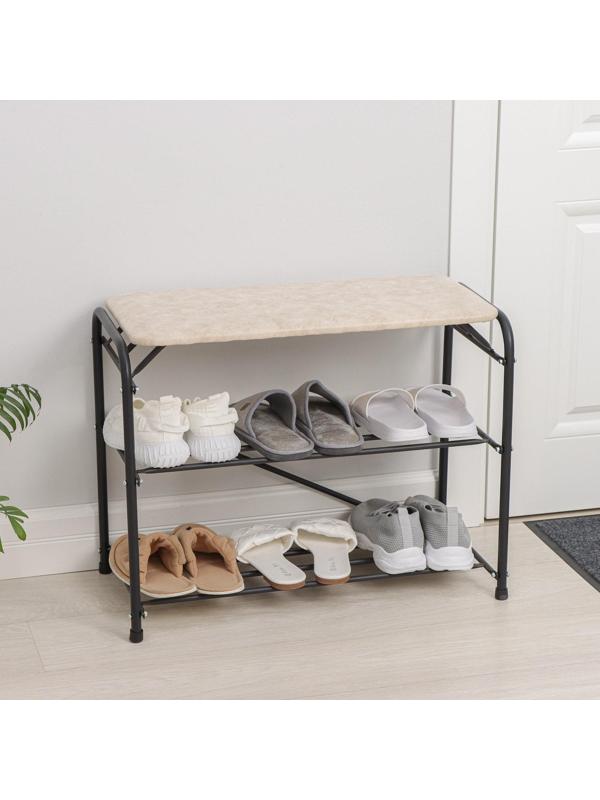 Подставка для обуви с сиденьем, 3 яруса, 65×32×48,5 см, замша, цвет чёрный