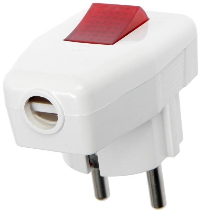 Вилка угловая, 16А, с з/к, с выключателем, белая, розничная упаковка