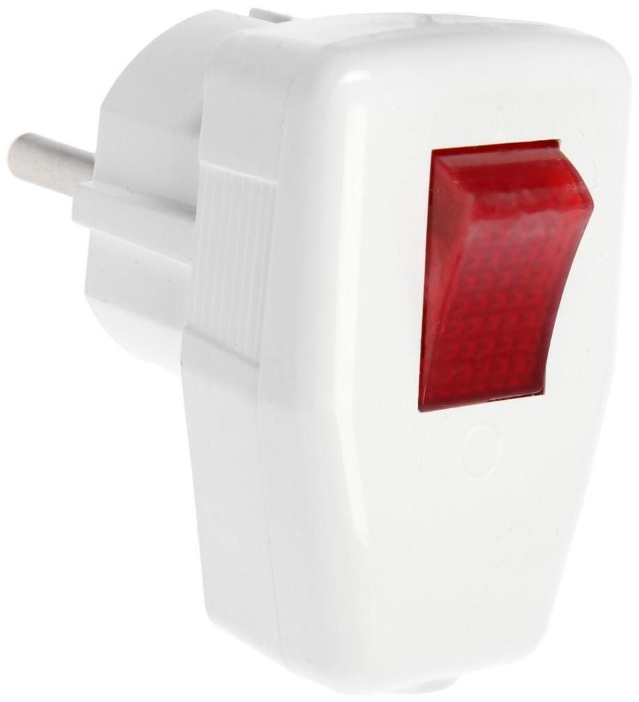 Вилка угловая, 16А, с з/к, с выключателем, белая, розничная упаковка