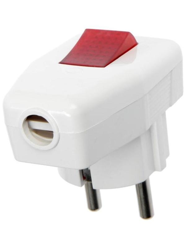 Вилка угловая, 16А, с з/к, с выключателем, белая, розничная упаковка