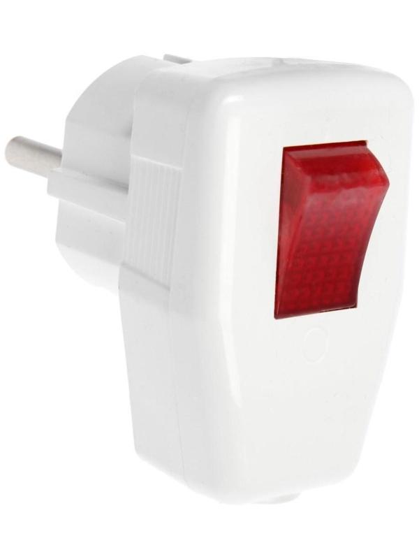 Вилка угловая, 16А, с з/к, с выключателем, белая, розничная упаковка