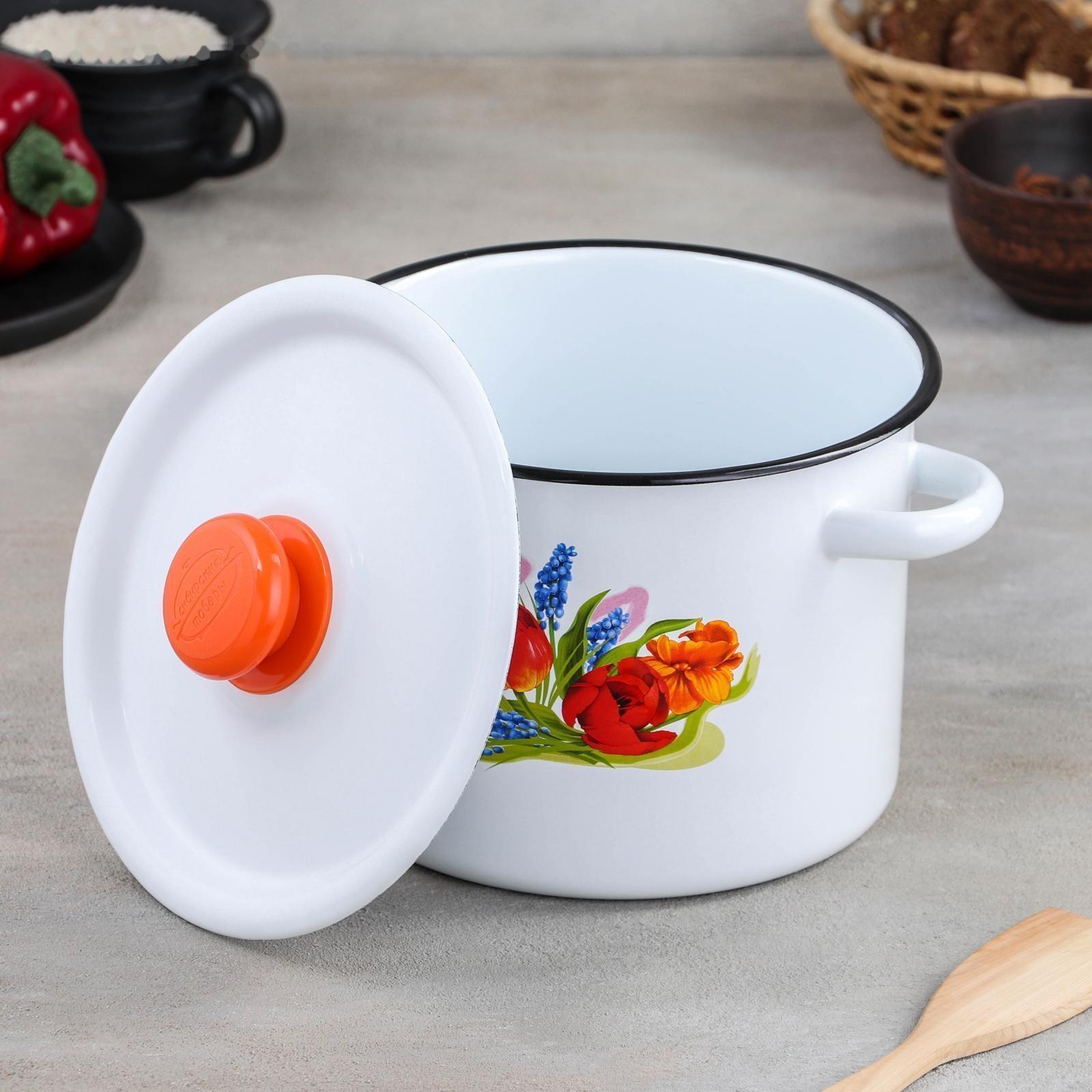 Кастрюля цилиндрическая «Тюльпан Май», 3,5 л, эмалированная крышка, с кнопкой, индукция, цвет белый