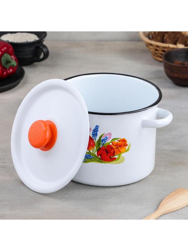 Кастрюля цилиндрическая «Тюльпан Май», 3,5 л, эмалированная крышка, с кнопкой, индукция, цвет белый