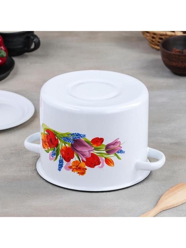 Кастрюля цилиндрическая «Тюльпан Май», 3,5 л, эмалированная крышка, с кнопкой, индукция, цвет белый