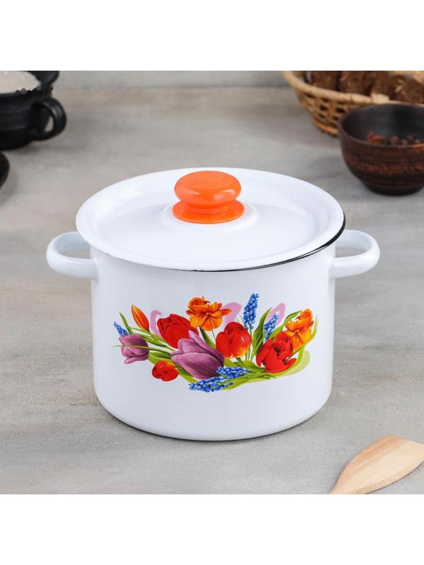 Кастрюля цилиндрическая «Тюльпан Май», 3,5 л, эмалированная крышка, с кнопкой, индукция, цвет белый