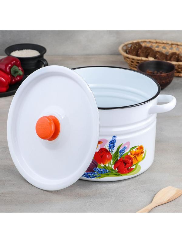 Кастрюля цилиндрическая «Тюльпан Май», 8 л, с кнопкой, индукция, цвет белый