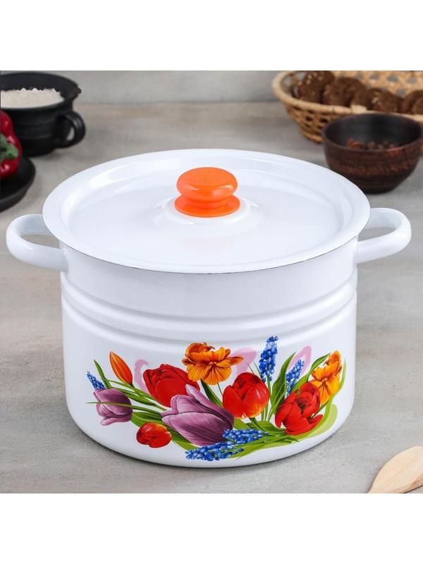 Кастрюля цилиндрическая «Тюльпан Май», 8 л, с кнопкой, индукция, цвет белый