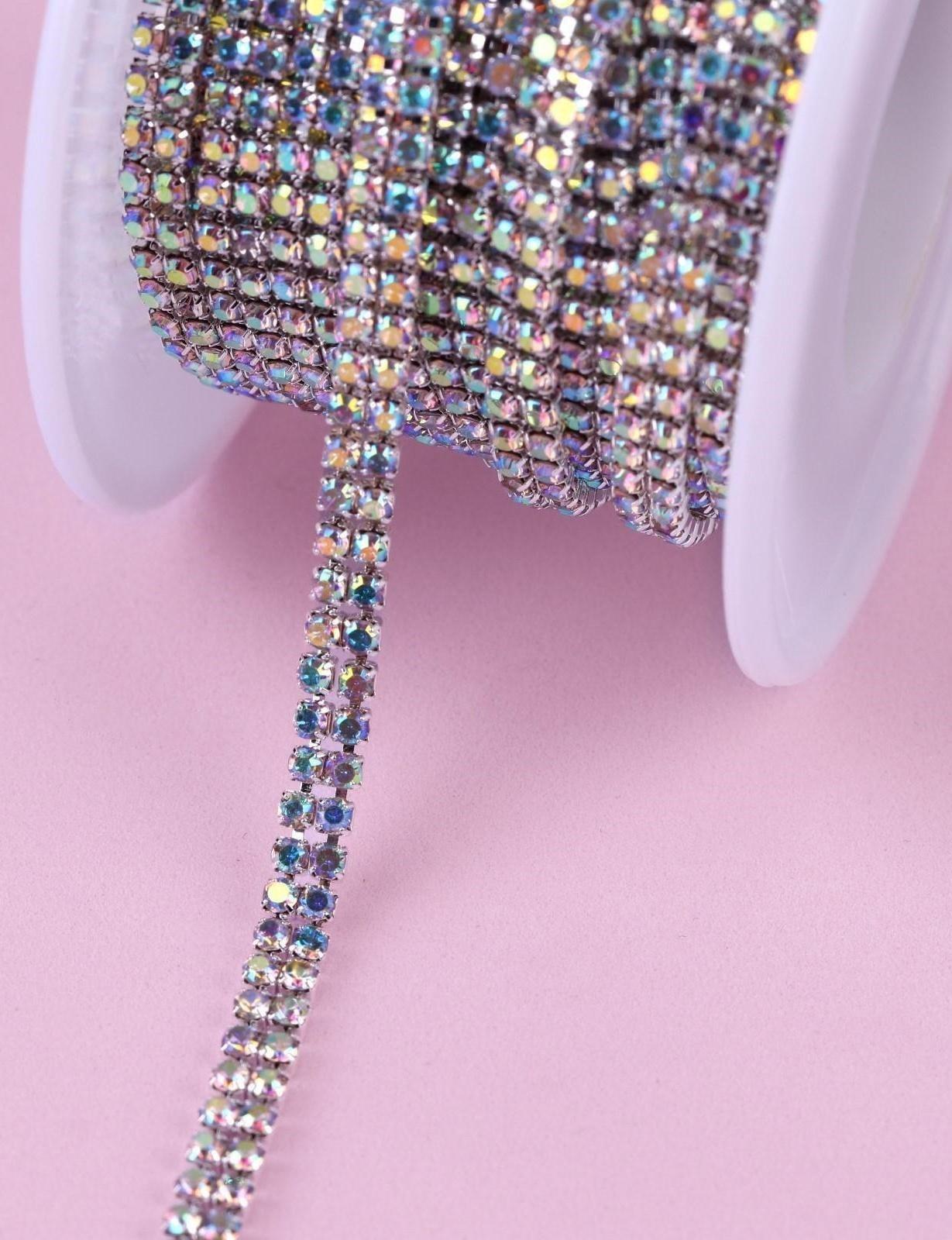 Цепь со стразами, с голографией, 2 ряда, 4 мм, 4,5 ± 0,5 м, цвет серебряный