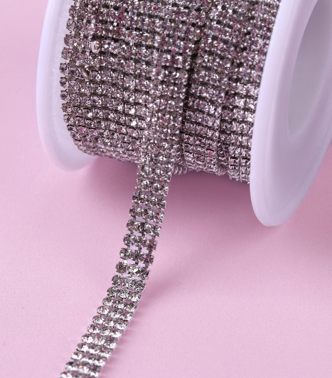 Цепь со стразами, 3 ряда, 6 мм, 4,5 ± 0,5 м, цвет серебряный