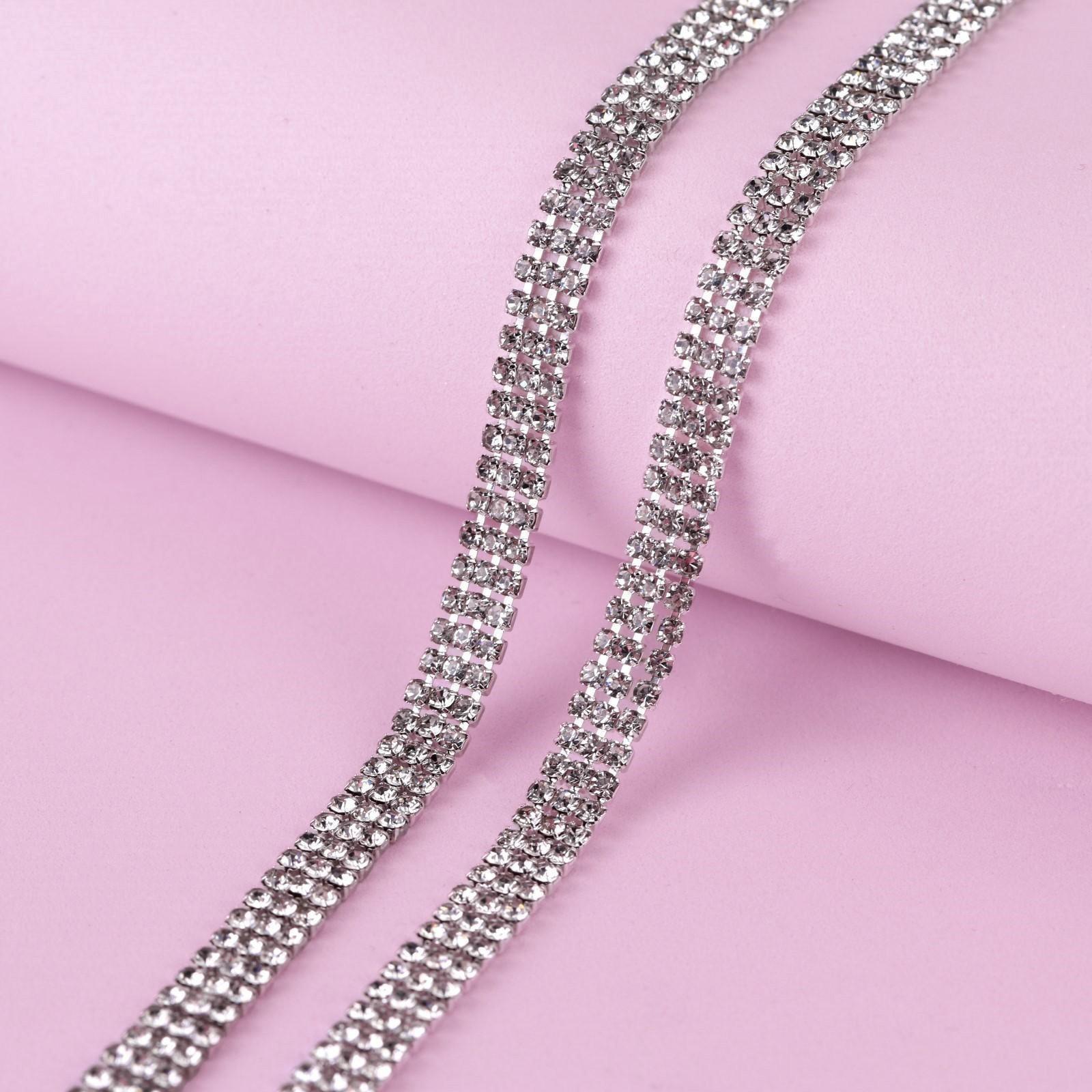 Цепь со стразами, 3 ряда, 6 мм, 4,5 ± 0,5 м, цвет серебряный