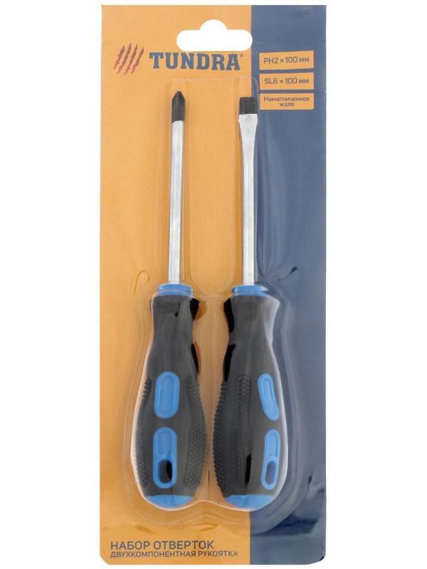 Набор отверток ТУНДРА, сатин, магнит, двухкомпонентные рукоятки, PH2/SL6 х 100 мм, 2 шт.