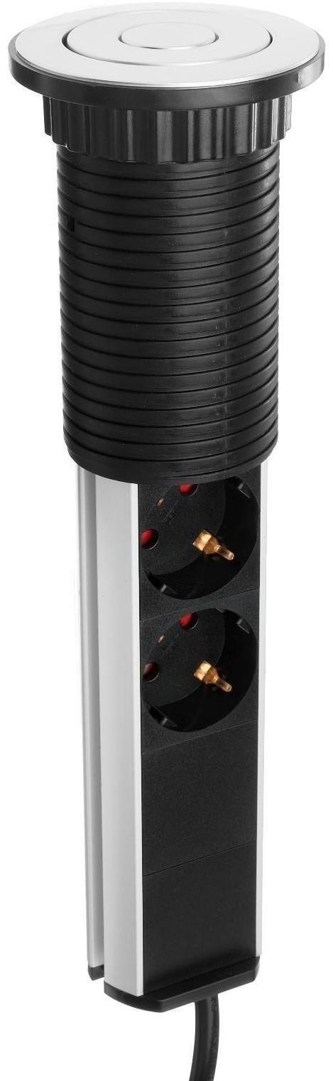 Розетка выдвижная, Luazon, 16 А, трёхместная, в стол, 2xUSB, 2.1 A, цвет серебро