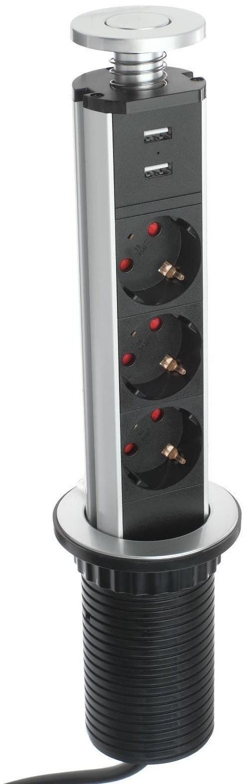 Розетка выдвижная, Luazon, 16 А, трёхместная, в стол, 2xUSB, 2.1 A, цвет серебро