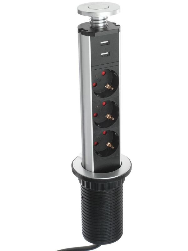 Розетка выдвижная, Luazon, 16 А, трёхместная, в стол, 2xUSB, 2.1 A, цвет серебро