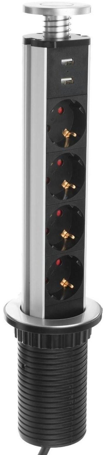 Розетка выдвижная, Luazon, 16 А, четырёхместная, в стол, 2xUSB, 2.1 A, цвет серебро