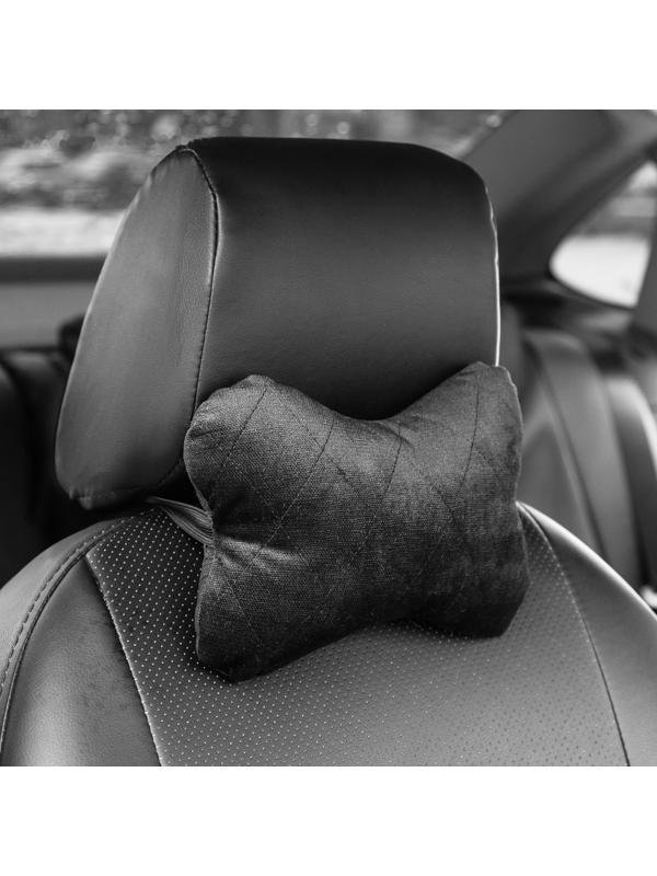 Подушка автомобильная косточка, на подголовник, велюр, черный, ромб, 16х24 см