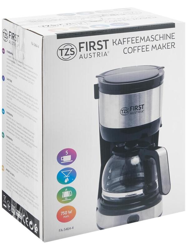 Кофеварка FIRST FA-5464-4, капельная, 750 Вт, 0.6 л, черно-серебристая
