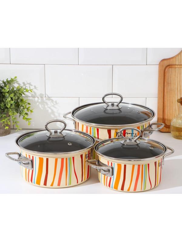 Набор кастрюль «Паста», 3 предмета: 1,9 л, 2,5 л, 3,7 л, крышки, индукция, цвет бежевый