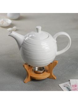 Чайник фарфоровый заварочный Доляна «Полосы», 850 мл, подогрев, деревянная подставка