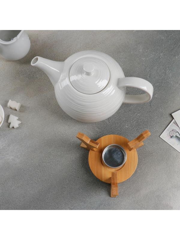 Чайник фарфоровый заварочный Доляна «Полосы», 850 мл, подогрев, деревянная подставка