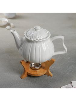 Чайник фарфоровый заварочный Доляна «Тюльпан», 700 мл, подогрев, деревянная подставка