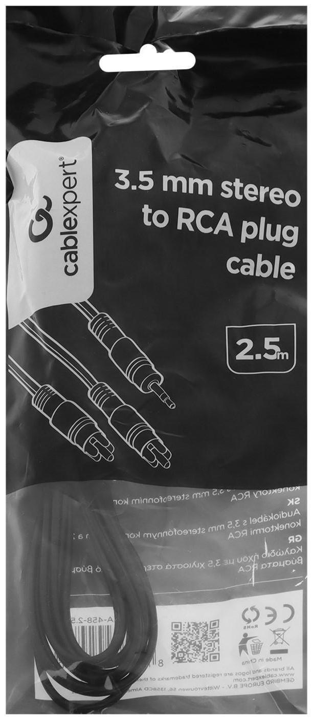Кабель-переходник аудио Cablexpert CCA-458, Jack 3.5 мм(m)-2xRCA(m), 2.5 м, черный