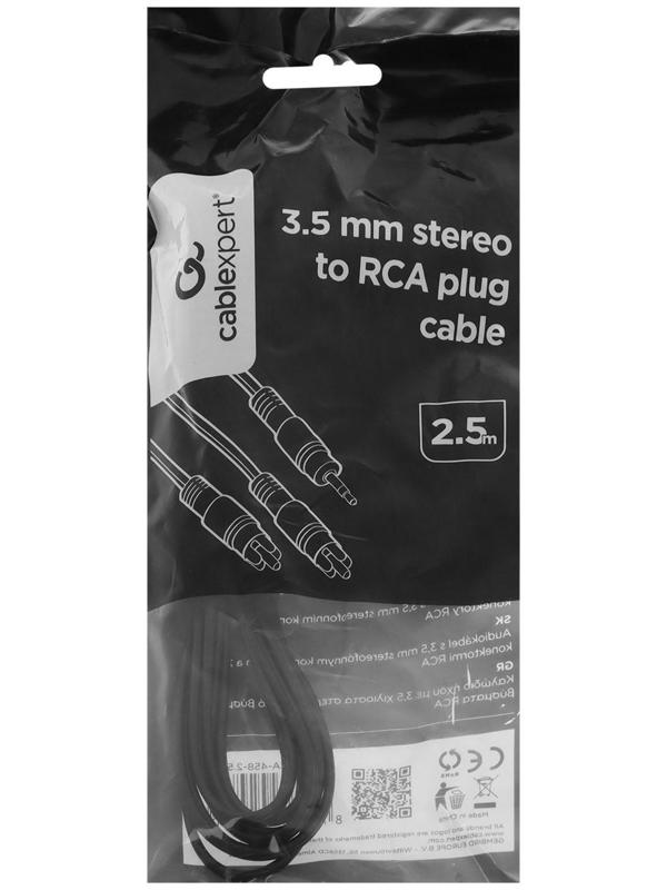Кабель-переходник аудио Cablexpert CCA-458, Jack 3.5 мм(m)-2xRCA(m), 2.5 м, черный