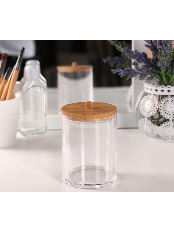 Органайзер для хранения ватных палочек, с крышкой, 7 × 7 × 9,5 см, в картонной коробке, цвет прозрачный/коричневый