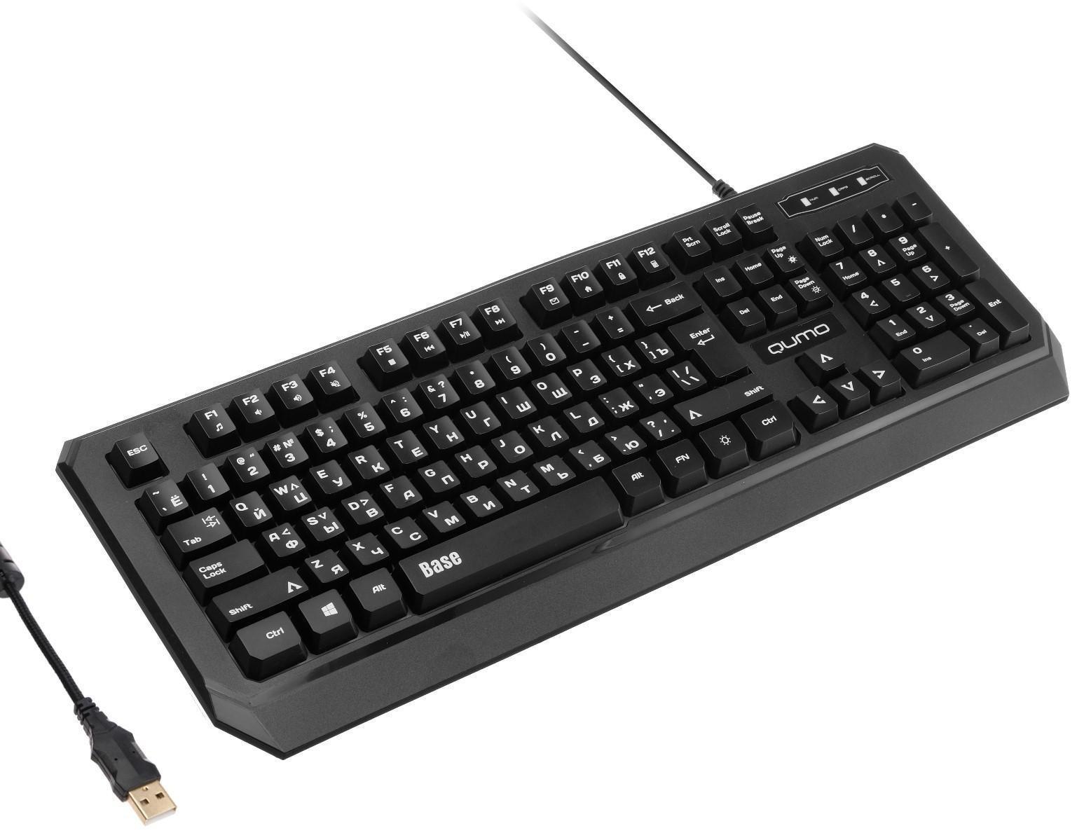 Клавиатура Qumo Base K59, проводная, мембранная, 104 клавиши, USB, подсветка, чёрная