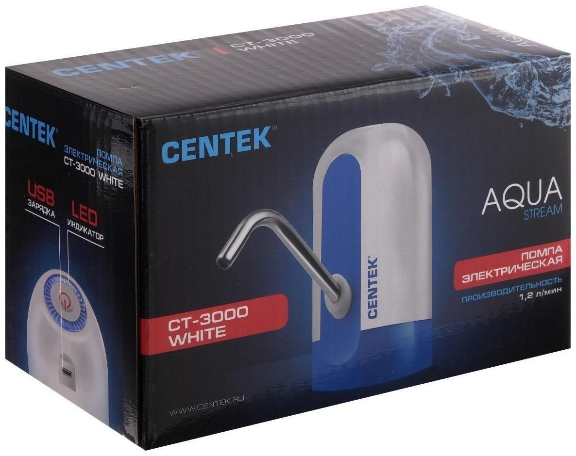 Помпа Centek CT-3000 White, электрическая, 5 Вт, 1.2 л/мин, 1200 мАч, от USB, бело-голубая