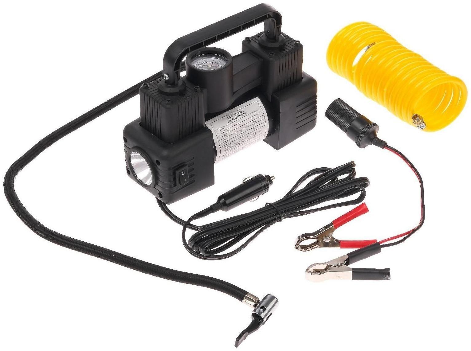 Компрессор автомобильный двухпоршневой, 12В, фонарь, 40 л/мин, сумка, черный