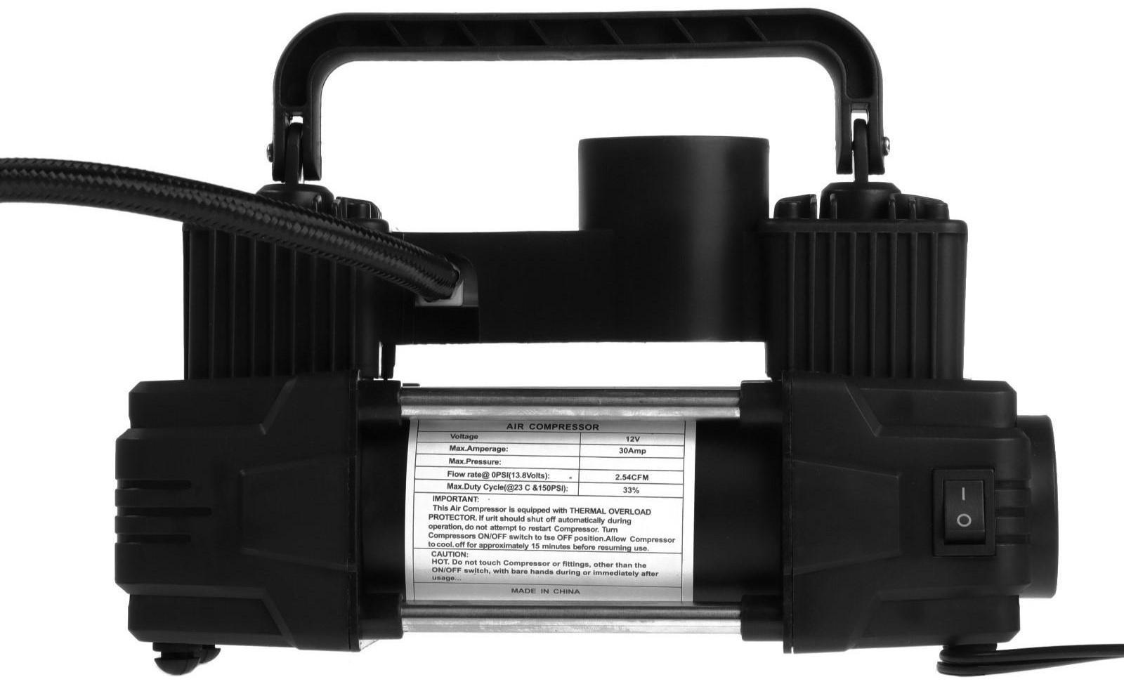 Компрессор автомобильный двухпоршневой, 12В, фонарь, 40 л/мин, сумка, черный