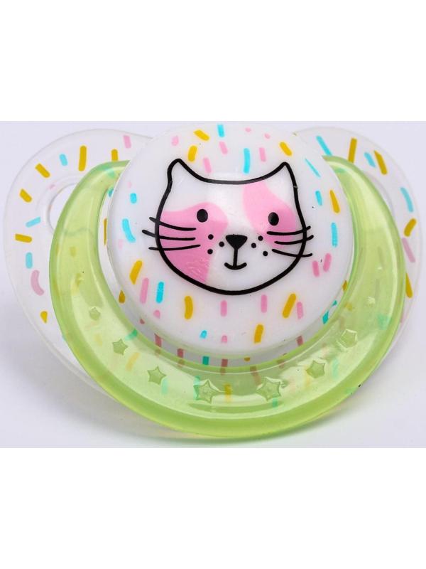 Соска-пустышка ортодонтическая, силикон, от 3 мес., «Кошечка», цвет зеленый