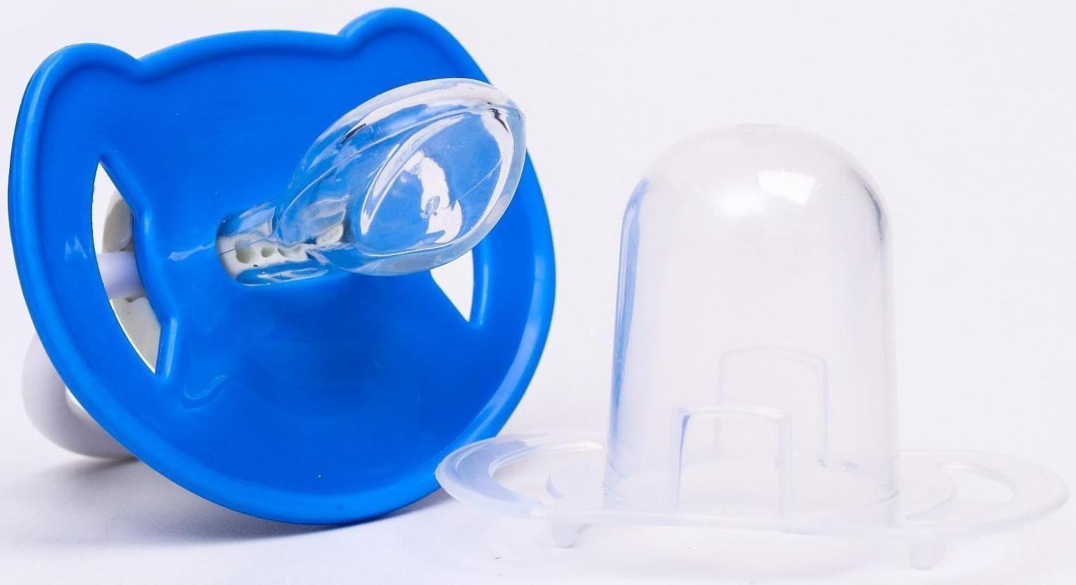 Соска-пустышка ортодонтическая, силикон, от 6 мес., с колпачком, «Самолет», цвет голубой