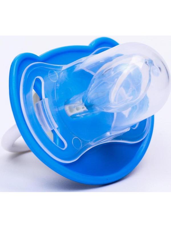 Соска-пустышка ортодонтическая, силикон, от 6 мес., с колпачком, «Самолет», цвет голубой