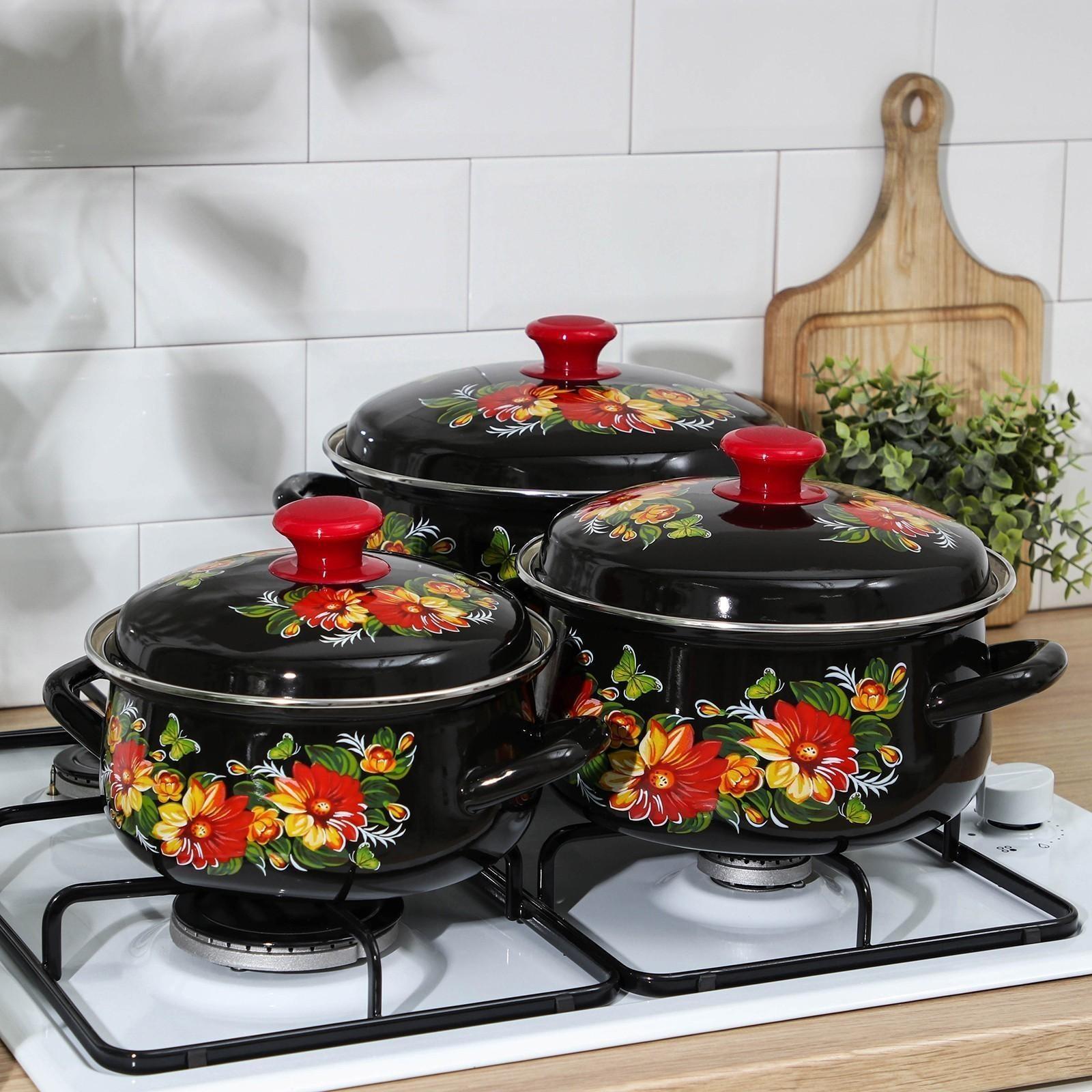 Набор кастрюль «Дуновение-1», 3 предмета: 2 л, 3 л, 4 л, d=20,5/23/26 см, индукция, цвет чёрный