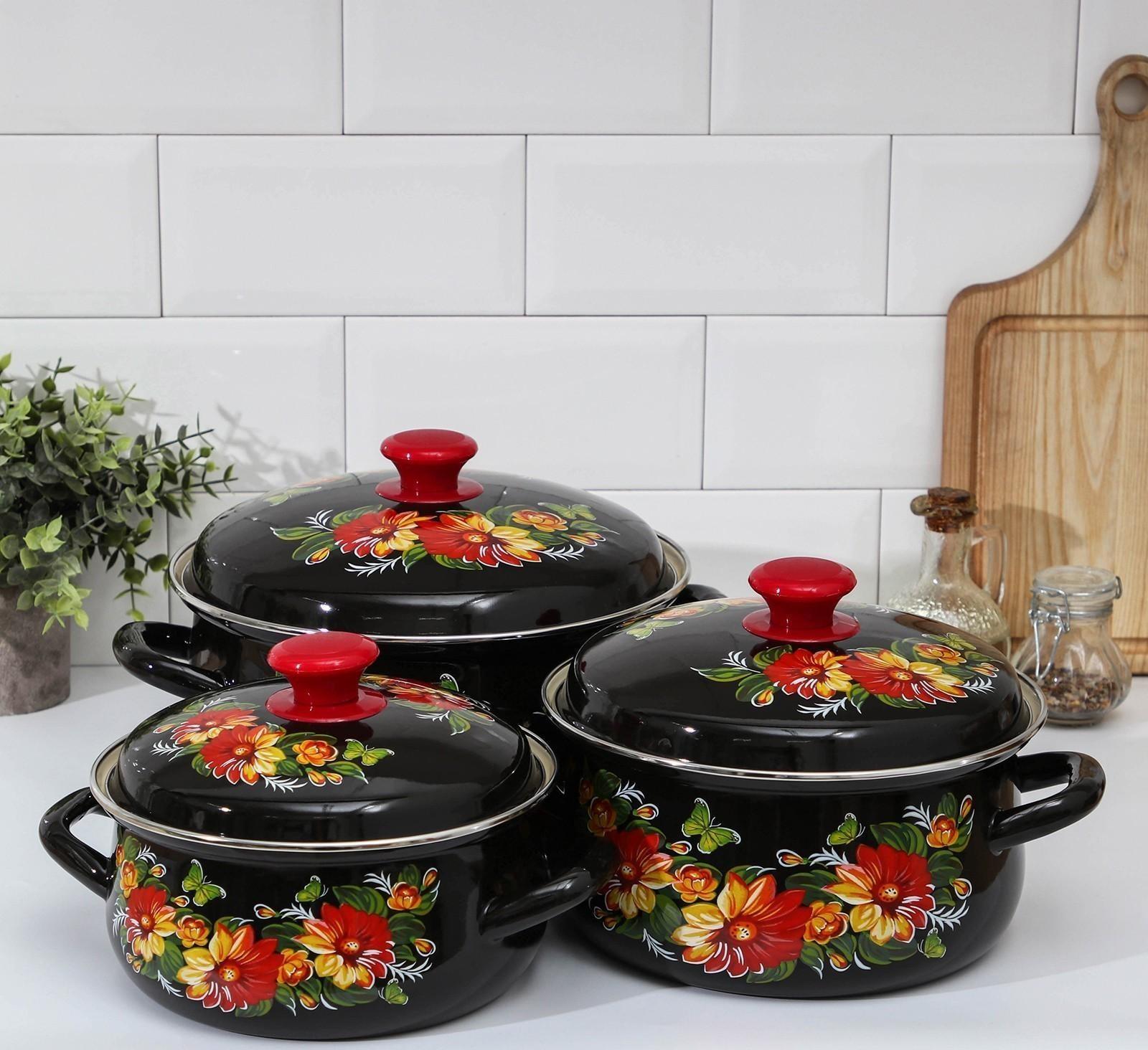 Набор кастрюль «Дуновение-1», 3 предмета: 2 л, 3 л, 4 л, d=20,5/23/26 см, индукция, цвет чёрный